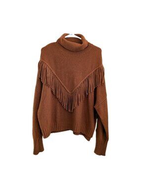 Chelsea & Theodore Sweater Womens XL Orange Turtleneck Fringe Knit Western